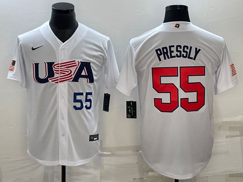 Men 2023 World Cub USA #55 Pressly White Nike MLB Jersey